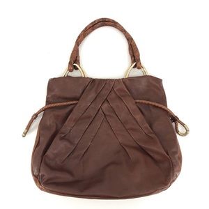 Elliott Lucca Brown Leather Pleated V Front Hobo Handbag